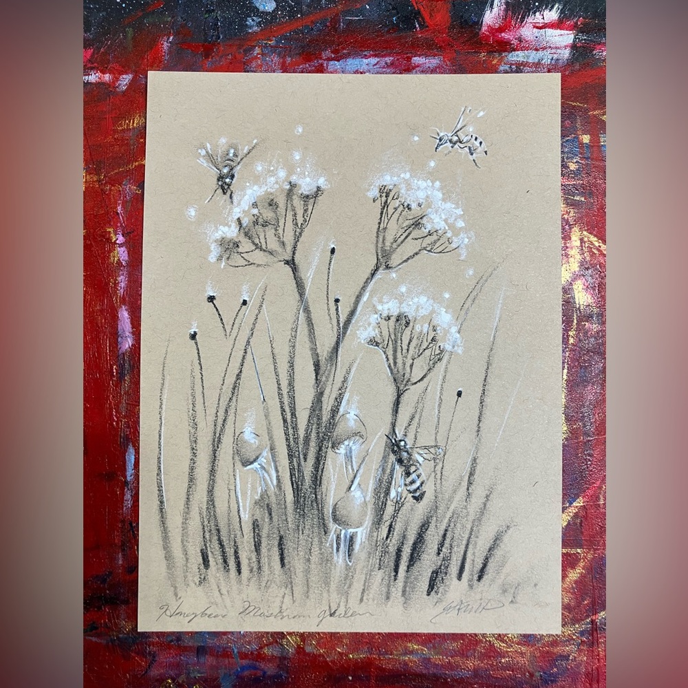 Original Honeybee Mushroom Garden art charcoal pastel illustration surreal USA